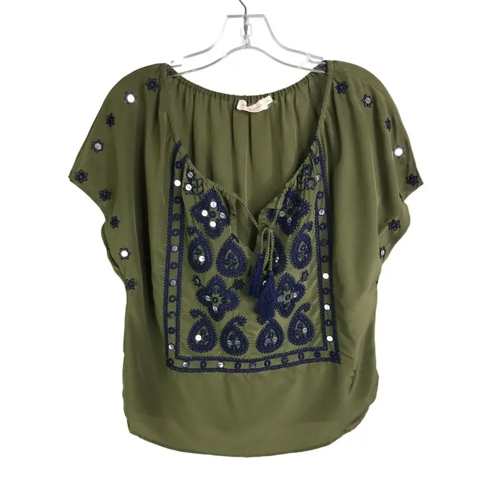 Tory Burch Camille Embroidered Silk Blouse Womens Size 0 Olive Green‎ boho chic